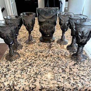 Halloween Skelton pitcher + 6 matching goblets